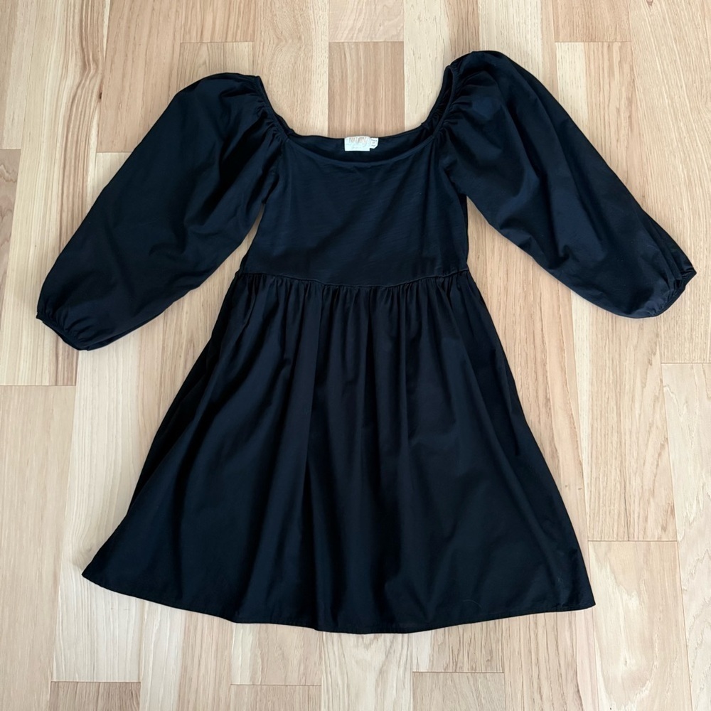 Nation LTD Heddie Combo Babydoll puff 3/4 sleeves Dress Size M In Jet Black - Picture 7 of 14